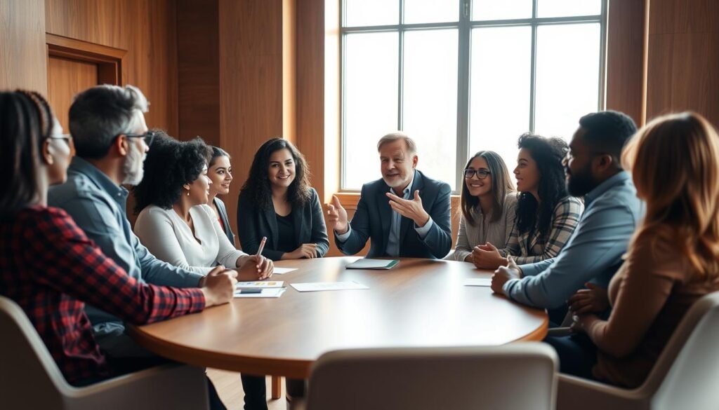 A group of diverse individuals gathered in a well-lit, professional meeting room, engaged in a political mentorship program. The middle-aged mentor, seated at the head of the oval table, gestures animatedly as they guide their younger, aspiring protégés through a presentation on campaign strategy and community outreach. The room is bathed in a warm, natural light filtering in from large windows, creating a sense of openness and collaboration. The participants lean forward, their expressions a mix of focus and enthusiasm, as they absorb the mentor's wisdom and guidance, preparing to take on the mantle of political leadership.